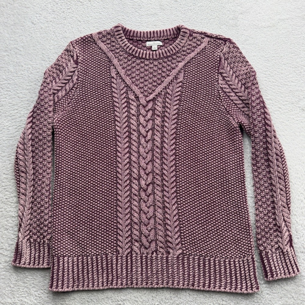 LL Bean Signature Womens Plum Purple Cable Knit Cotton Sweater Large 511816